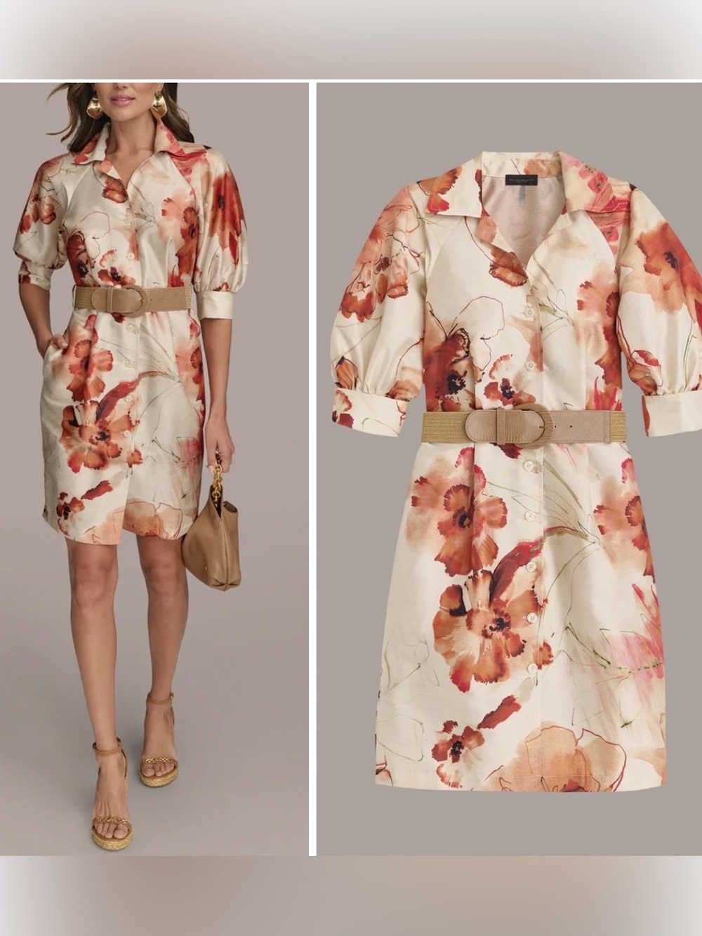 Donna Karan Cream Floral Shirt Dress with Coral-Orange Blooms size 6 NWT